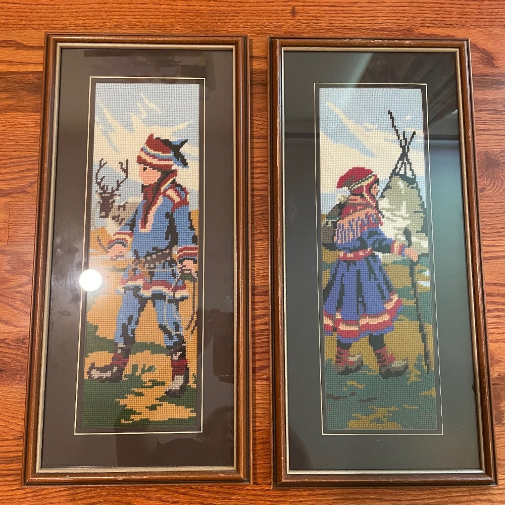 2 Vintage Stitched Framed Art